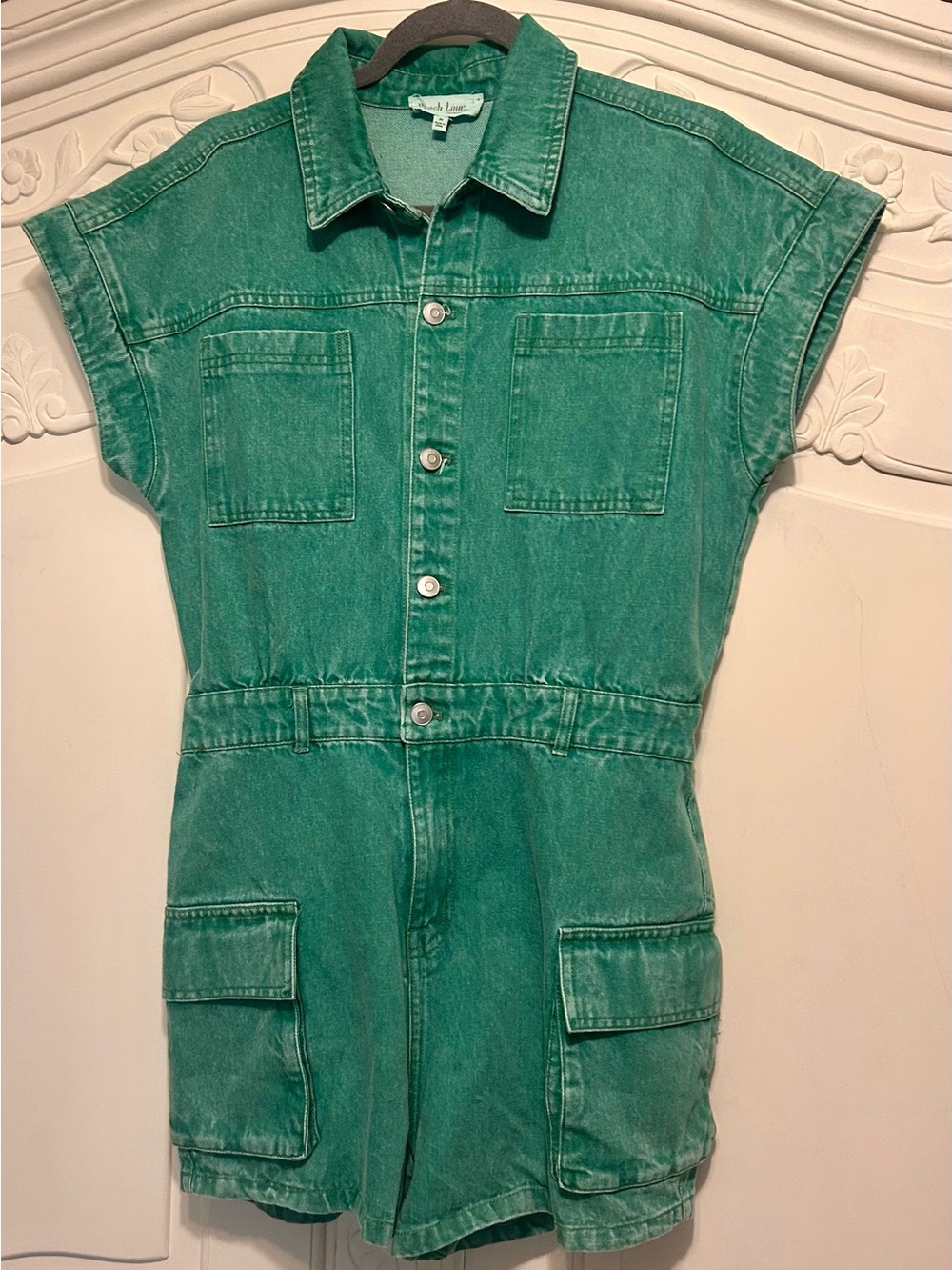 NWOT Peach Love California Green Denim Short-Sleeve Romper